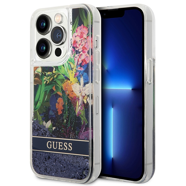 Guess GUHCP14LLFLSB iPhone 14 Pro 6,1" blue hardcase Flower Liquid Glitter