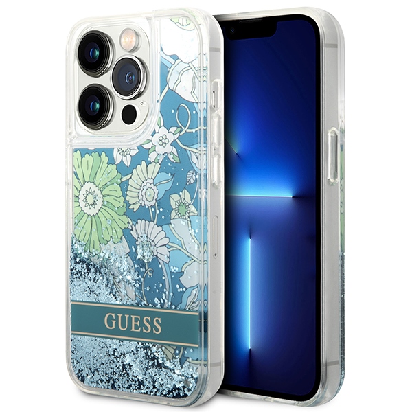 Guess GUHCP14LLFLSN iPhone 14 Pro 6,1" green hardcase Flower Liquid Glitter