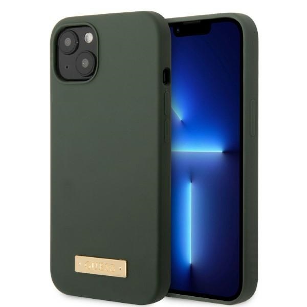 Guess GUHMP13MSBPLA iPhone 13 / 14 / 15 6.1" khaki hard case Silicone Logo Plate MagSafe