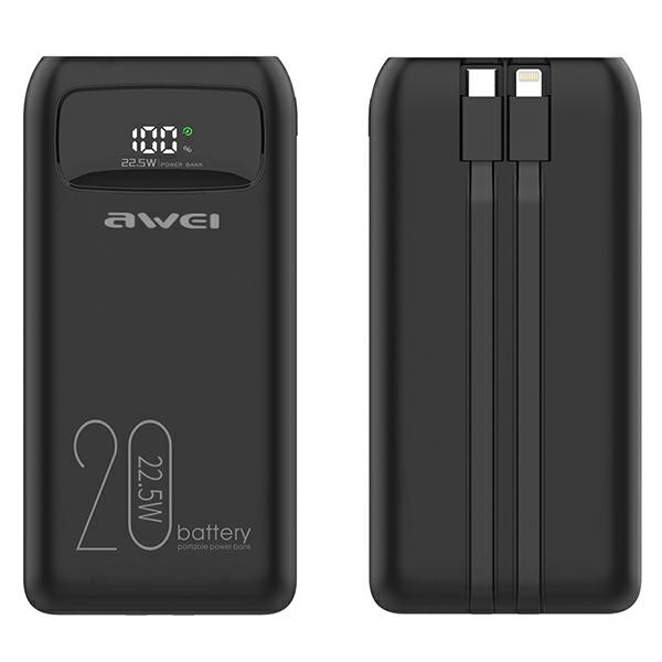 AWEI PowerBank P169K 20000mAh 22.5W black display + PD/Lightning cables