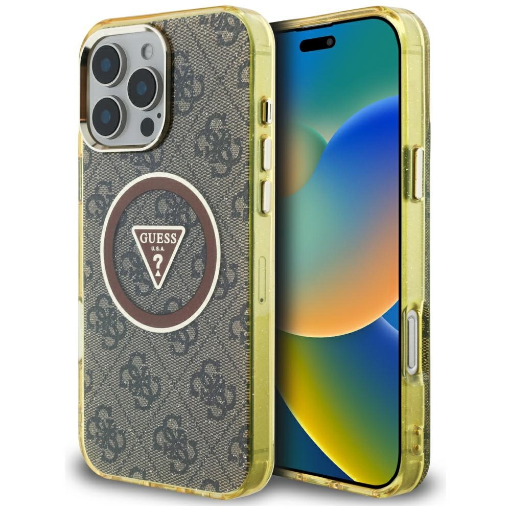 Case Guess IML Metal Glitter 4G Circle Triangle MagSafe for iPhone 16 Pro Max brown