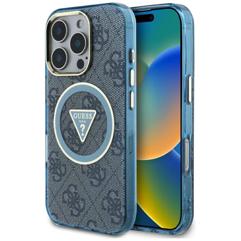 Case Guess IML Metal Glitter 4G Circle Triangle MagSafe for iPhone 16 Pro blue