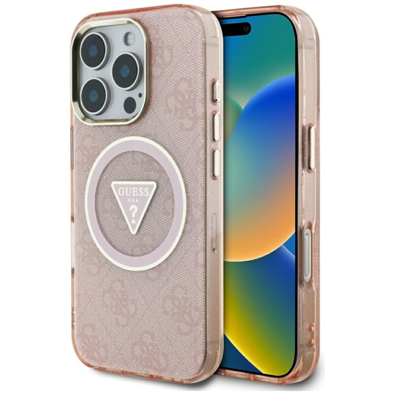 Case Guess IML Metal Glitter 4G Circle Triangle MagSafe for iPhone 16 Pro pink