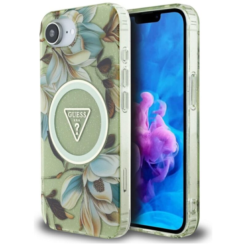 Case Guess IML Metal Glitter Flowers Triangle MagSafe for iPhone 16e / 17e green