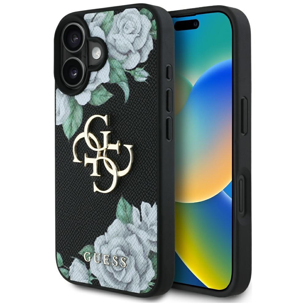 Case Guess Grained Roses Big 4G logo for iPhone 16 black