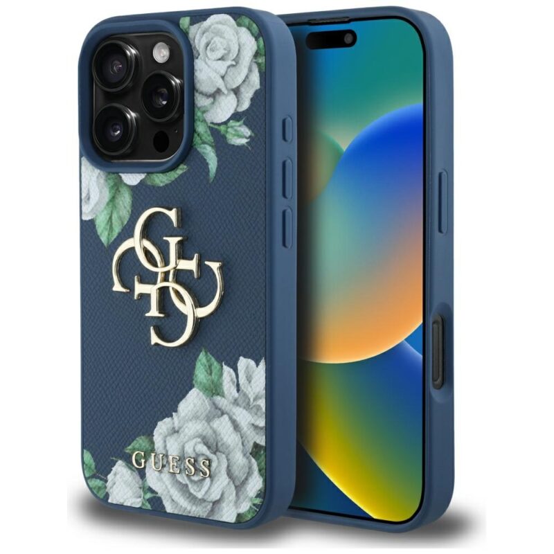 Case Guess Grained Roses Big 4G logo for iPhone 16 Pro blue