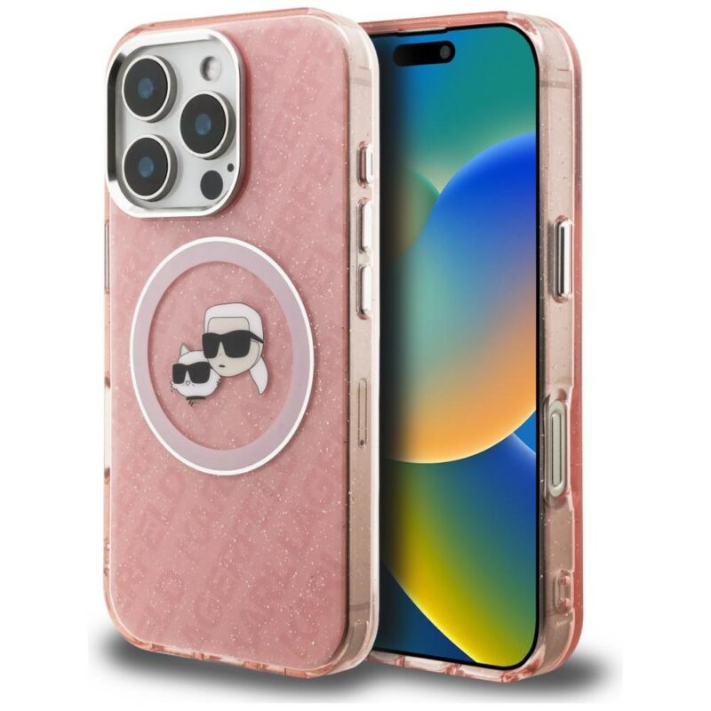 Case Karl Lagerfeld IML Glitter Karl &   Choupette Heads Logo MagSafe for iPhone 16 Pro pink