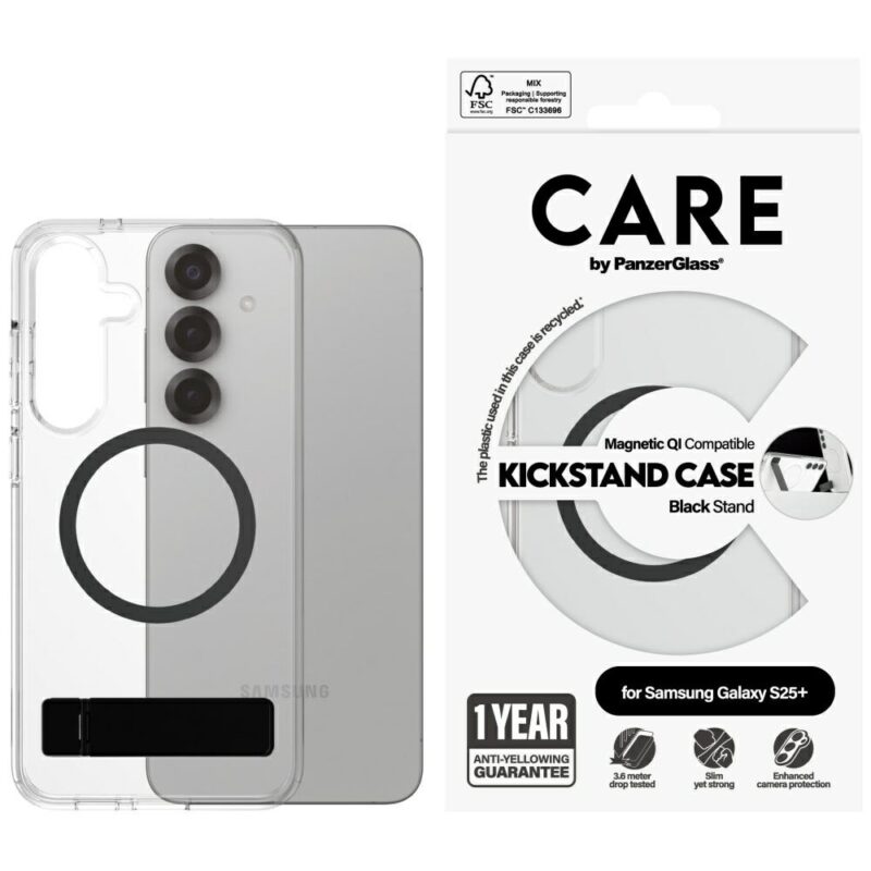 Etui CARE by PanzerGlass Feature Black   Kickstand & QI do Samsung Galaxy S25+ przezroczysty