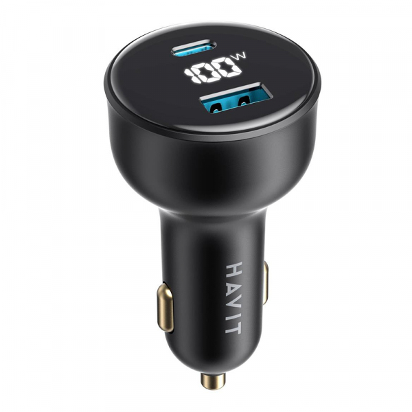 Car Charger HAVIT CC100W Display, 100W, 5A, 1 x USB-A - 1 x USB-C, Black