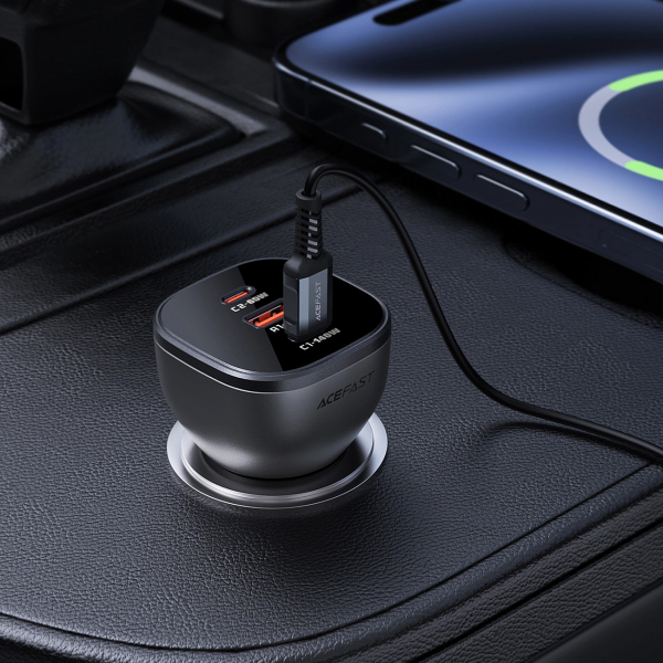 Car Charger Acefast B14, 165W, 5A, 1 x USB-A - 2 x USB-C, Black - Image 5