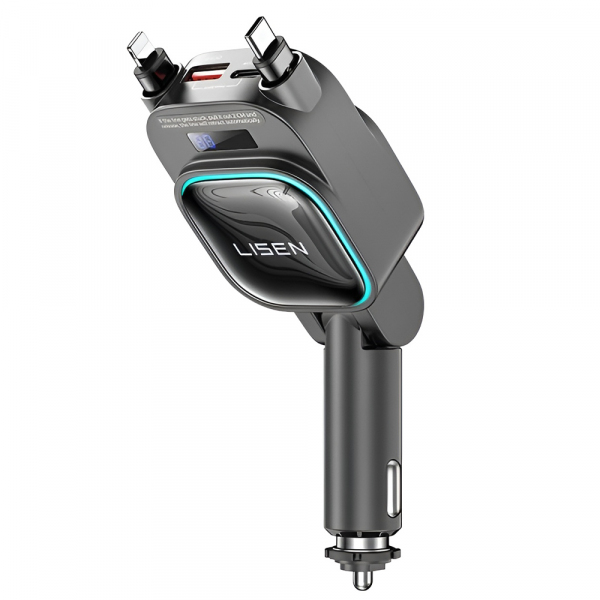 Car Charger Lisen Display, 96W, 3A, 1 x USB-A - 1 x USB-C, with USB-C / Lightning Cable, Black YL0224080017