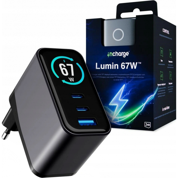 Wall Charger 3MK InCharge Lumin Display, 67W, 5A, 1 x USB-A - 2 x USB-C, Black