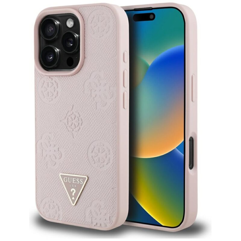 Case Guess Grained Hot Stamp Peony Triangle Logo MagSafe for iPhone 16 Pro pink
