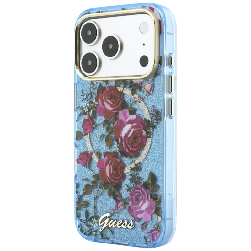 Guess IML Glitter Blossom Roses Case for iPhone 18 Pro / 17 Pro Light Blue - Image 2