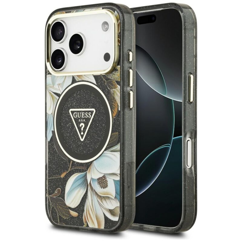 Case Guess IML Glitter Flowers Triangle MagSafe for iPhone 18 Pro Max / 17 Pro Max black