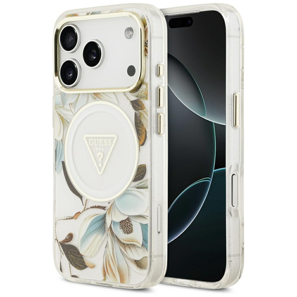 Guess IML Glitter Flowers Triangle MagSafe Case for iPhone 18 Pro / 17 Pro White