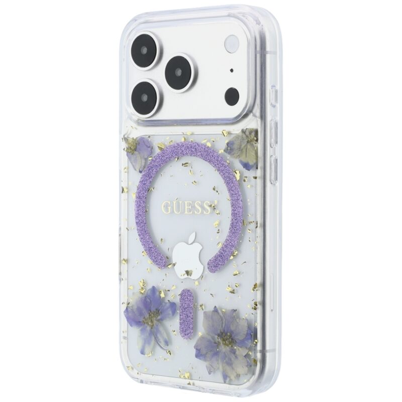 Guess Resin Flowers Glitter MagSafe Case for iPhone 18 Pro / 17 Pro Purple - Image 2