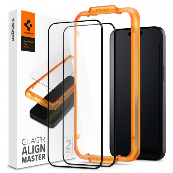 Front Cover Clear Screen Protector Spigen GlastR Align Master for Apple iPhone 15 Plus, 2-Pack, Black AGL06886