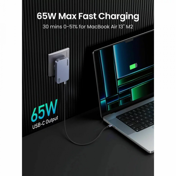 Wall Charger UGREEN X753 Nexode Pro, 65W, 3A, 1 x USB-A - 2 x USB-C, Grey - Image 2